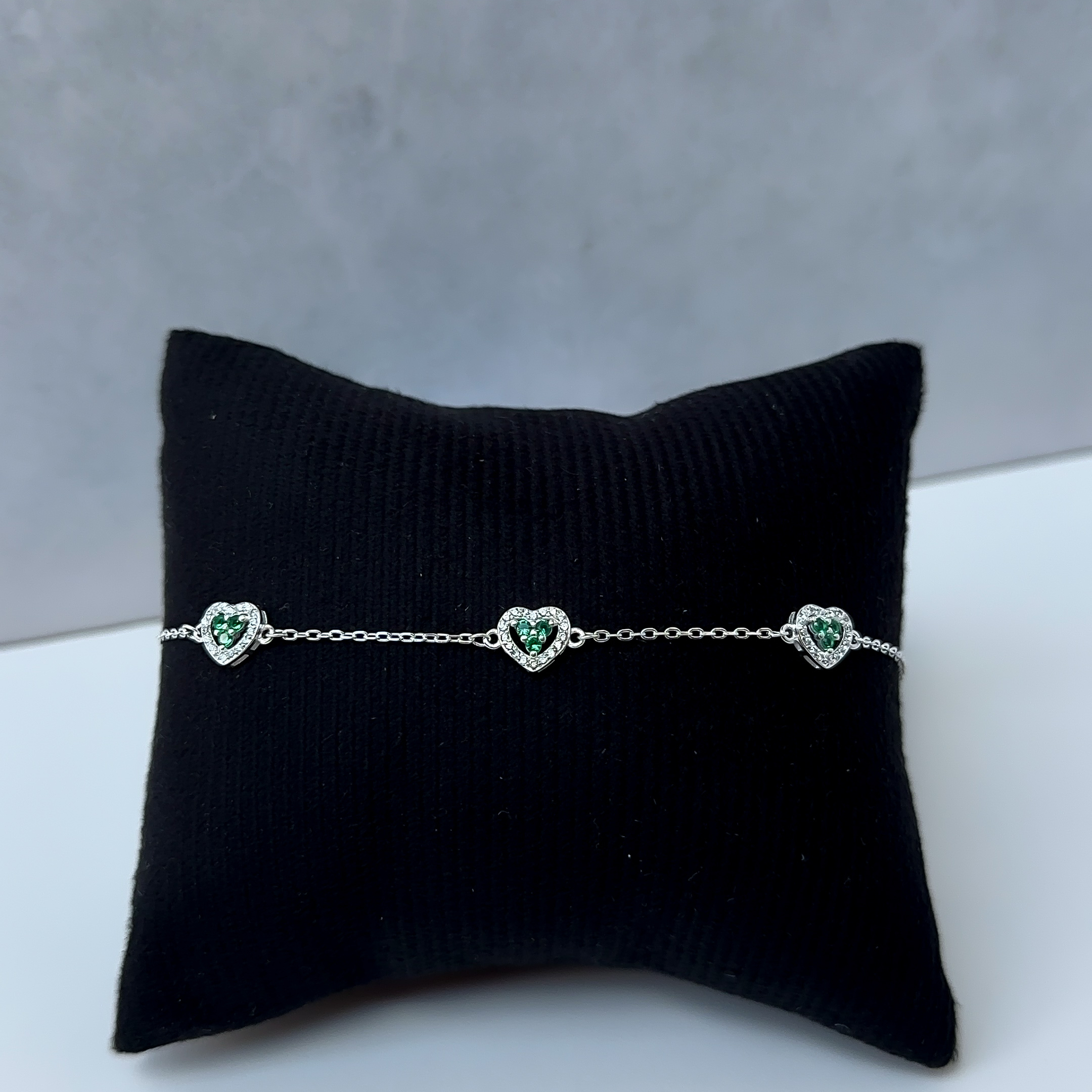 Pulseira 3 Coração Verde Cravejado